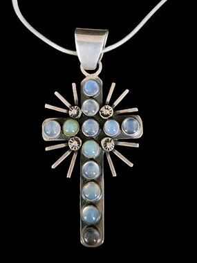 VTG Navajo Jeanne & Felix Tsinijinnie Signed Moonstone Sterling Cross Pendant